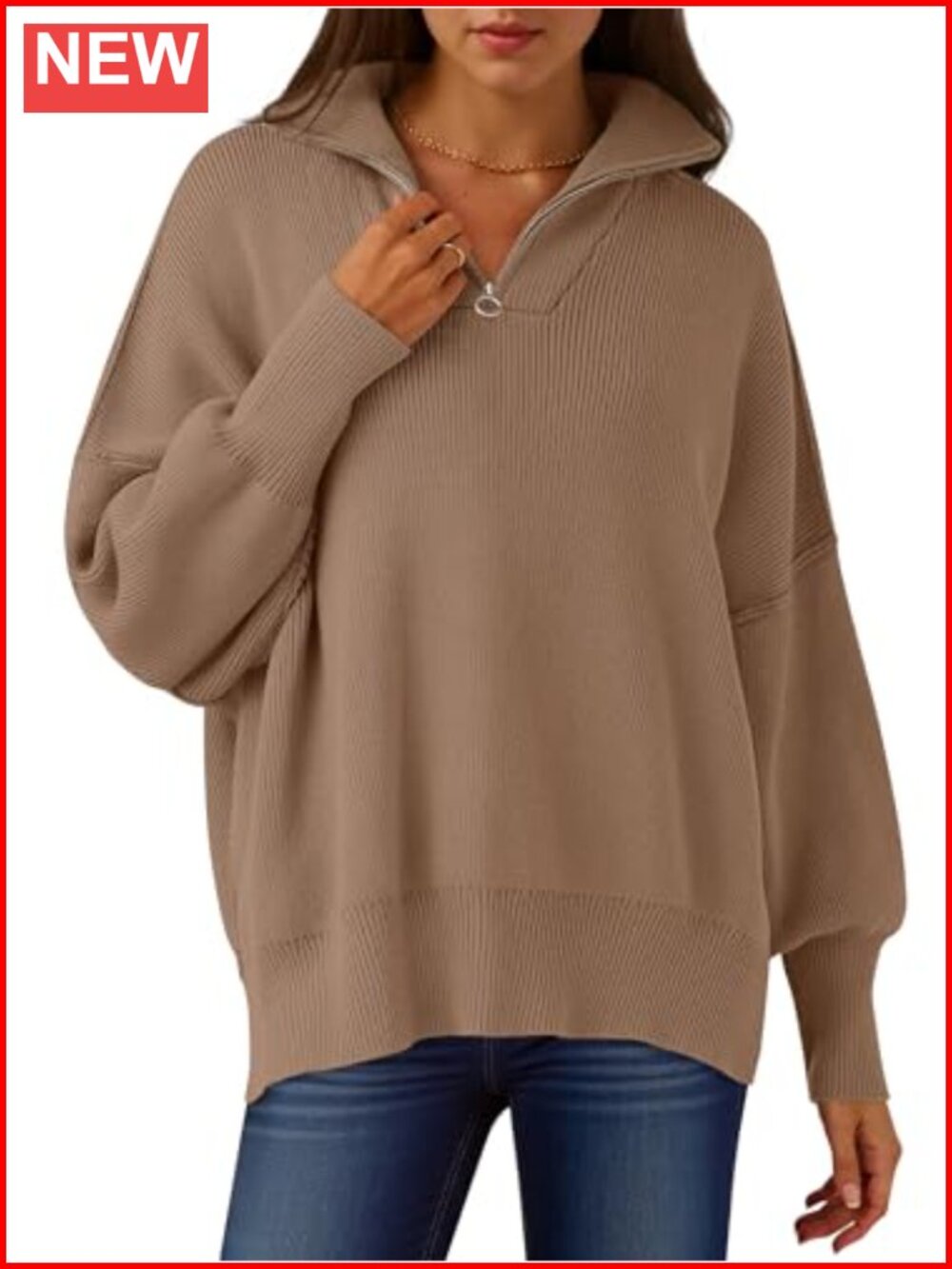 Womens Oversized Quarter Zip Pullover Sweater Mock Neck Drop Shoulder Ribbed